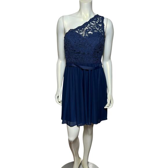 David's Bridal Navy Blue One-Shoulder Lace Cocktail Dress Size 10 Elegant Formal - Picture 1 of 7